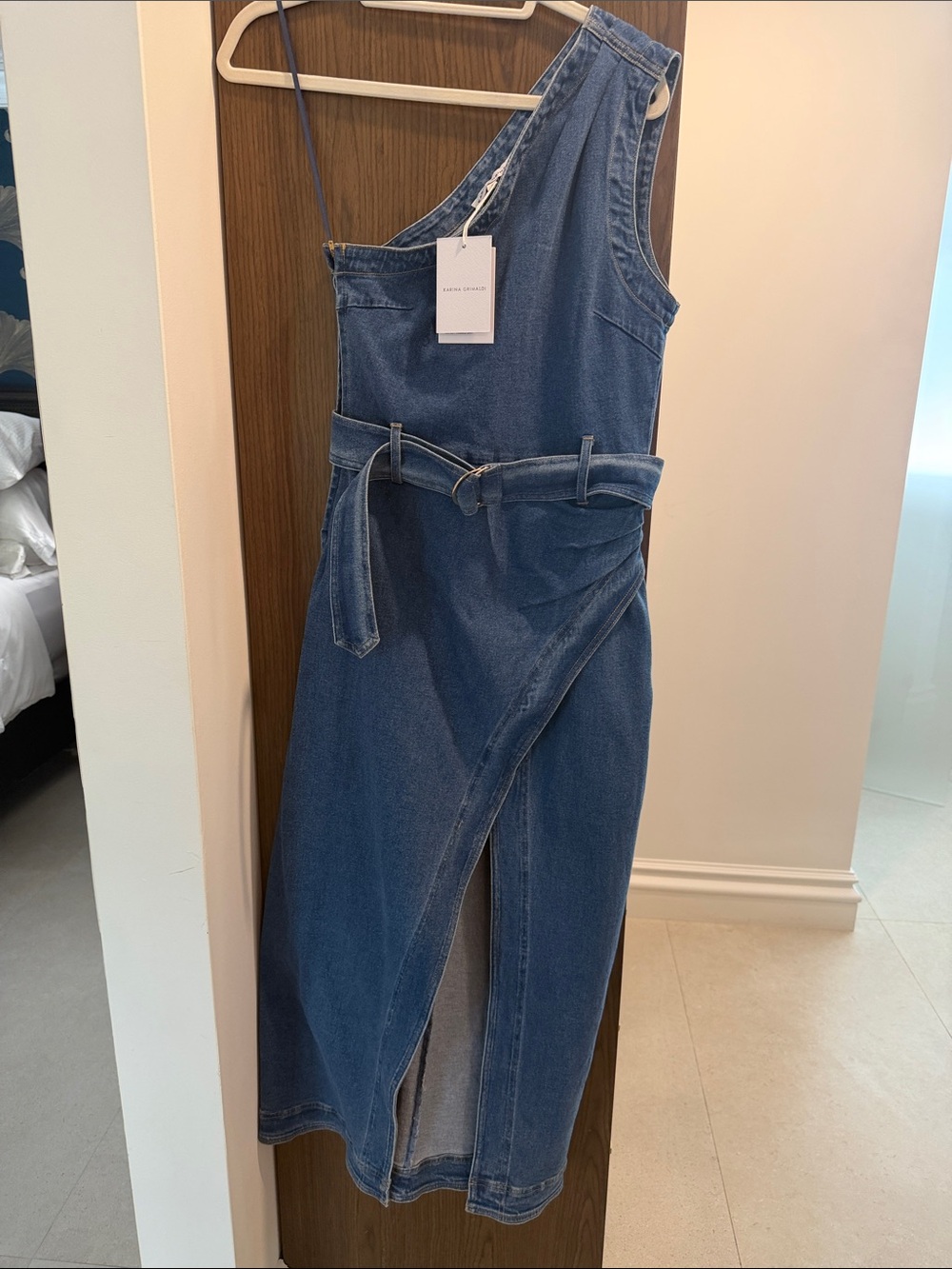 KARINA GRIMALDI Denim One-Shoulder Midi Skirt with Belt - Blue